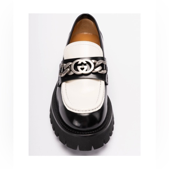 Gucci Ladies Platform Slip On Lug Loafer 'Interlocking G chain- Black & White - Picture 3 of 10